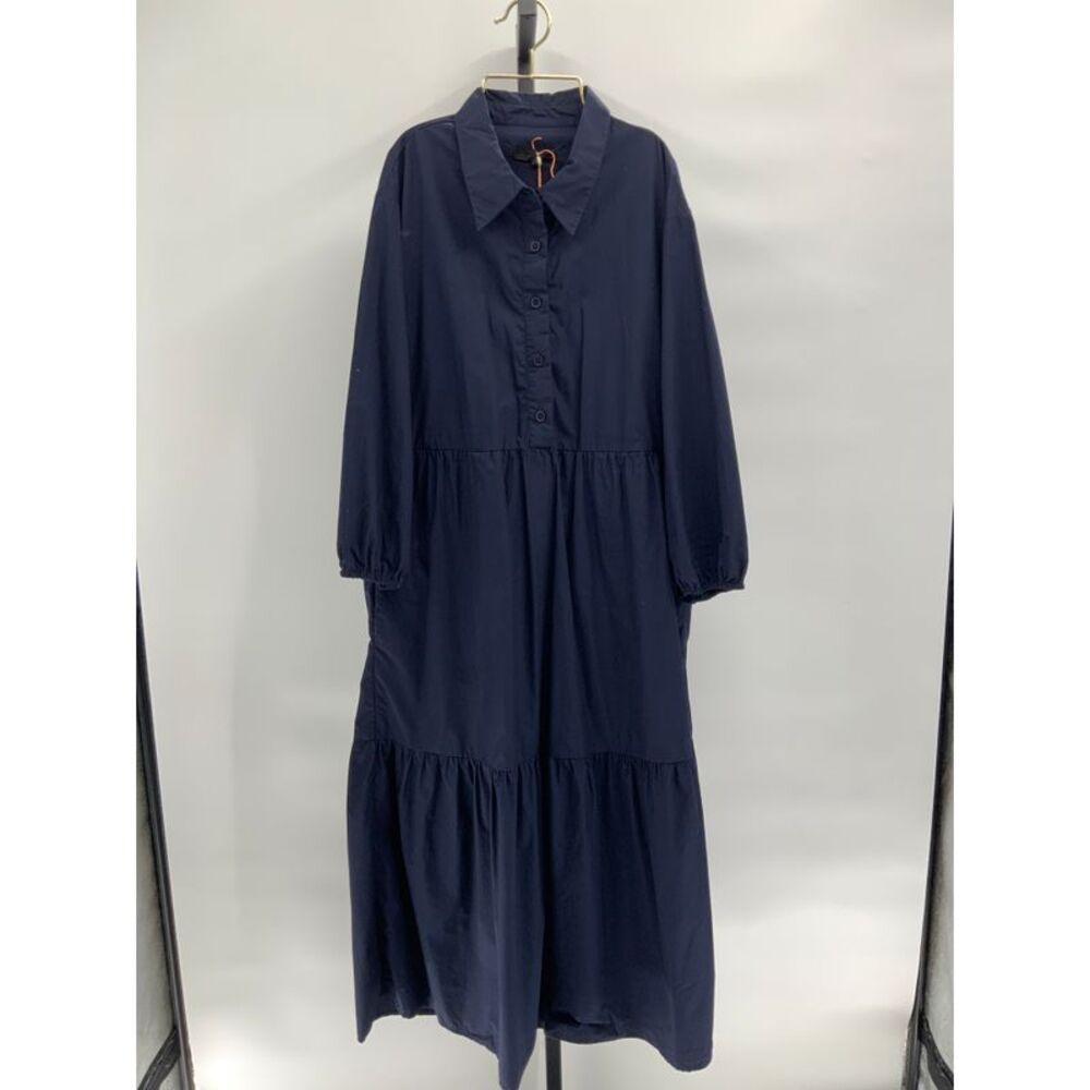 Quince Navy Blue Long Tiered Button-Up Shirt Dress